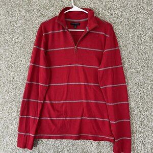 Banana Republic Sweater Mens Medium Red Gray Striped Quarter Zip Classic Preppy